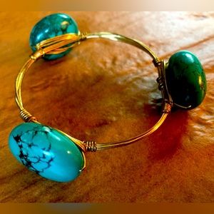Turquoise stone wire wrapped bangle bracelet